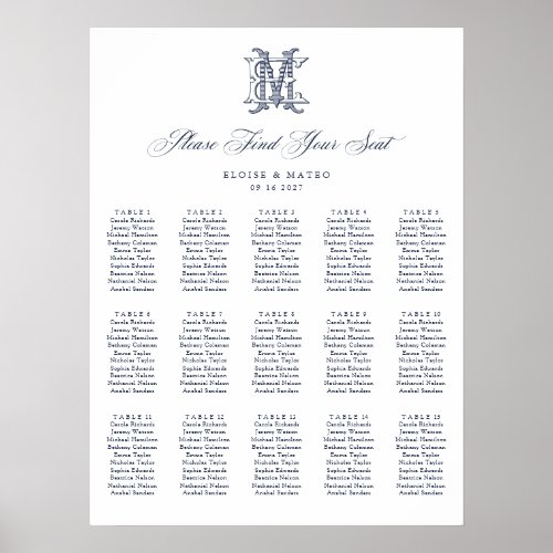 Elegant Monogram 15 Table Wedding Seating Chart