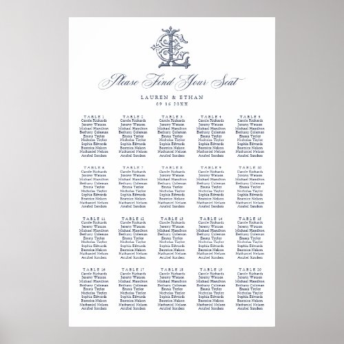 Elegant Monogram 20 Table Wedding Seating Chart