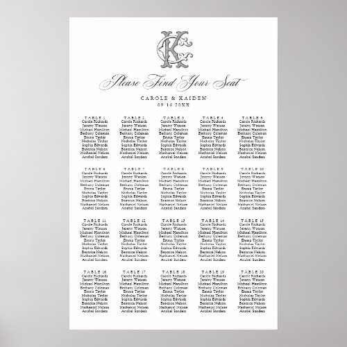 Elegant Monogram 20 Table Wedding Seating Chart