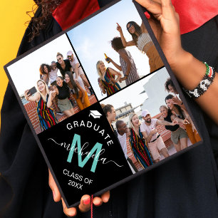 Elegant Monogram 3 Photo Graduation Cap Topper