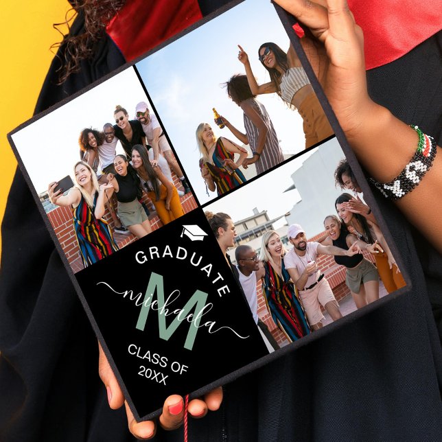 Elegant Monogram 3 Photo Graduation Cap Topper (Creator Uploaded)