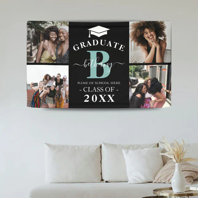 Elegant Monogram 4 Photo Graduate Graduation Banner | Zazzle