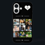 Elegant monogram 9 photo collage black iPhone 16 case<br><div class="desc">Add nine family,  kids,  pets or best friends images and create your own beautiful photo collage phone case with your monogram name initial inside a white heart over a black and white background.             Easy to personalize with your custom square images and letter</div>