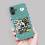 Elegant monogram 9 photo collage iPhone 16 case<br><div class="desc">Add nine family,  kids,  pets or best friends images and create your own beautiful photo collage phone case with your monogram name initial inside a white heart over a teal green feminine background.             Easy to personalize with your custom square images and letter</div>