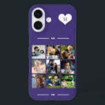 Elegant monogram 9 photo collage purple iPhone 16 case<br><div class="desc">Add nine family,  kids,  pets or best friends images and create your own beautiful photo collage phone case with your monogram name initial inside a white heart over a purple background.             Easy to personalize with your custom square images and letter</div>