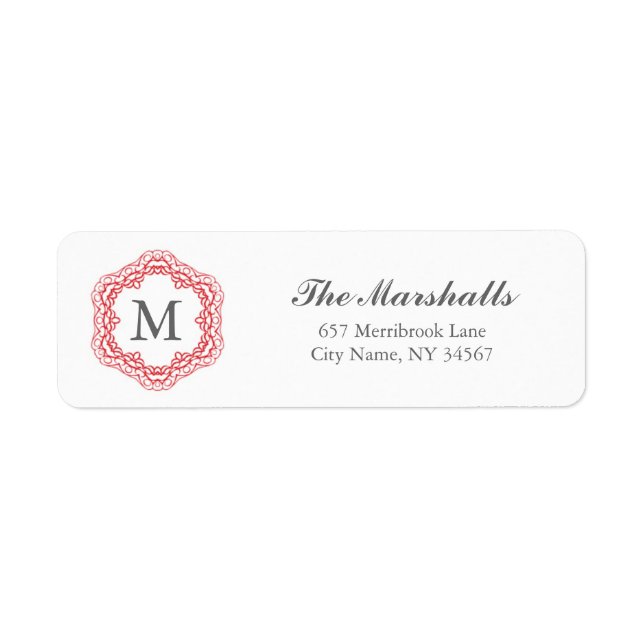 Elegant Monogram Address Label / Red & Gray (Front)
