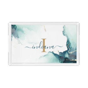 Elegant Monogram Agate Script Modern Acrylic Tray