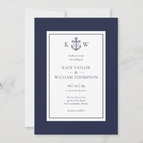 Elegant Monogram Anchor Navy Blue Nautical Wedding Invitation
