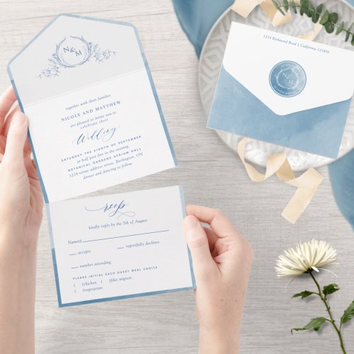 Elegant Monogram and Blue Watercolor Wedding All In One Invitation