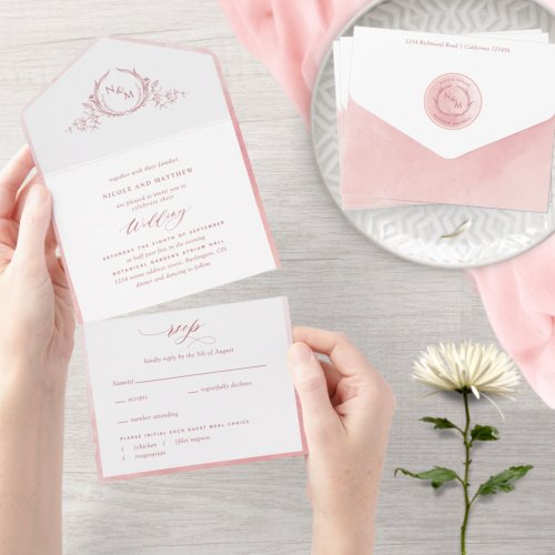 Elegant Monogram and Blush Pink Watercolor Wedding All In One Invitation