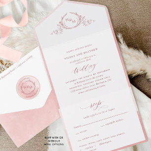 Elegant Monogram and Blush Pink Watercolor Wedding All In One Invitation