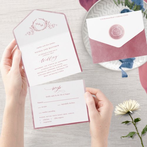 Elegant Monogram and Burgundy Watercolor Wedding All In One Invitation