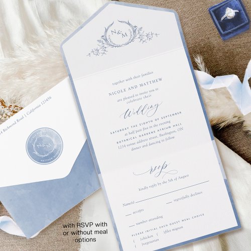 Elegant Monogram and Dusty Blue Watercolor Wedding All In One Invitation