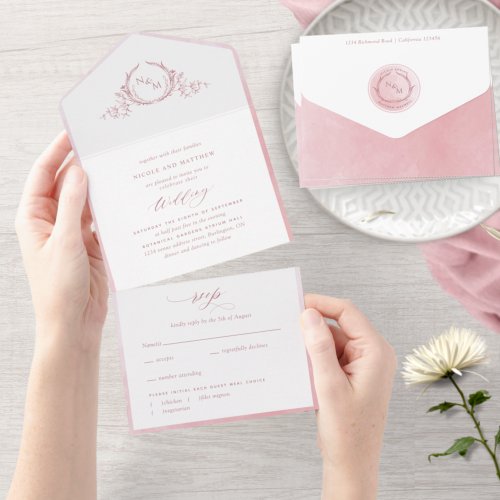 Elegant Monogram and Dusty Rose Watercolor Wedding All In One Invitation