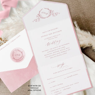 Elegant Monogram and Dusty Rose Watercolor Wedding All In One Invitation