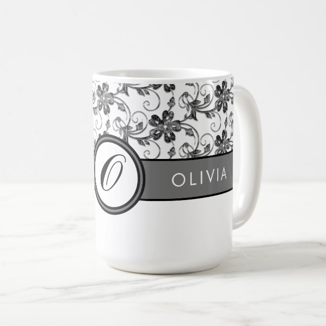 Elegant Monogram and Floral Pattern Black Coffee Mug (Front Right)