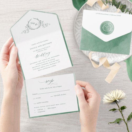Elegant Monogram and Green Watercolor Wedding All In One Invitation