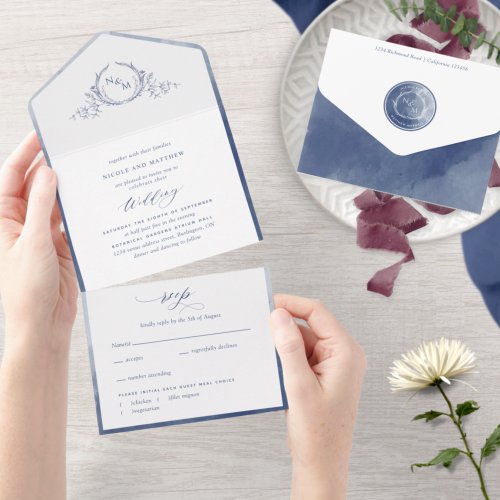 Elegant Monogram and Navy Blue Watercolor Wedding All In One Invitation