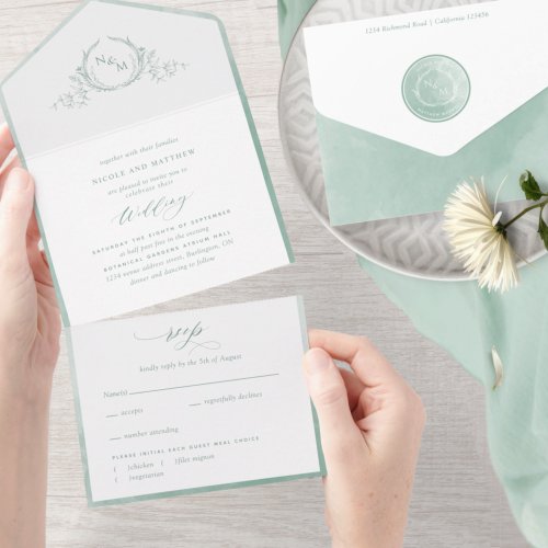 Elegant Monogram and Sage Green Watercolor Wedding All In One Invitation