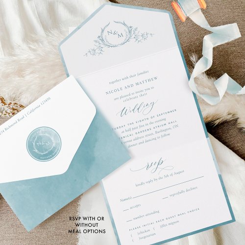 Elegant  Monogram and Sea Glass Watercolor Wedding All In One Invitation