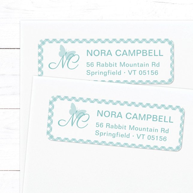 Elegant Monogram Aqua Blue Gingham Return Address Label (Elegant butterfly monogram return address label in aqua blue, turquoise with plaid background.)