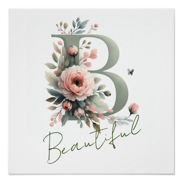 Elegant Monogram B Classic Pastel Pink Chic Peony  Poster (Front)