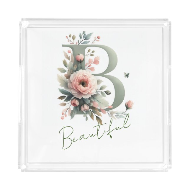 Elegant Monogram B Dusty Pink Peony Lush accent Acrylic Tray (Front)
