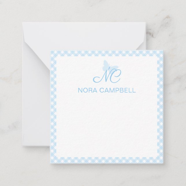 Elegant Monogram Baby Blue Gingham Personalized Note Card (Front)