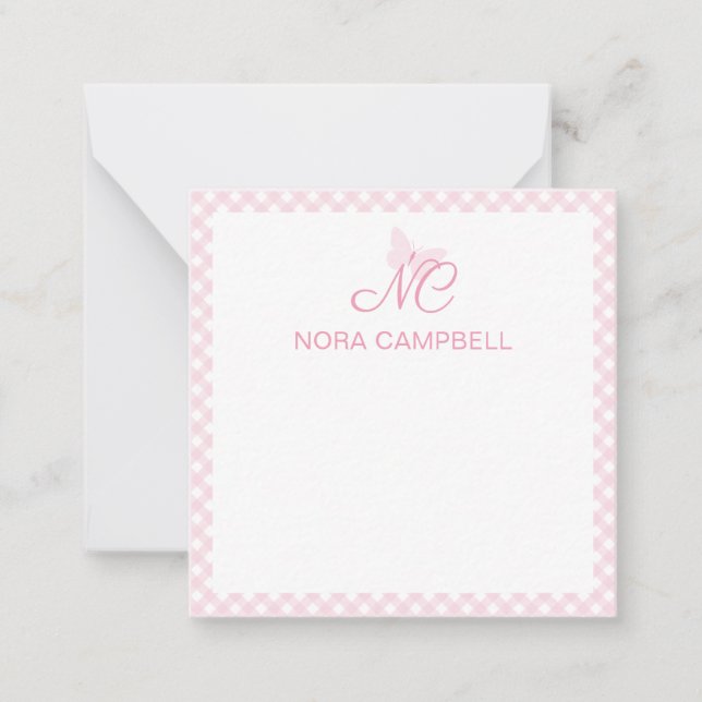 Elegant Monogram Baby Pink Gingham Personalized Note Card (Front)