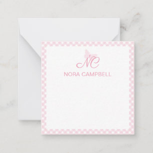Elegant Monogram Baby Pink Gingham Personalized Note Card