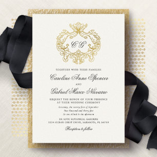 Elegant Monogram Baroque Crest Wedding Foil Invitation