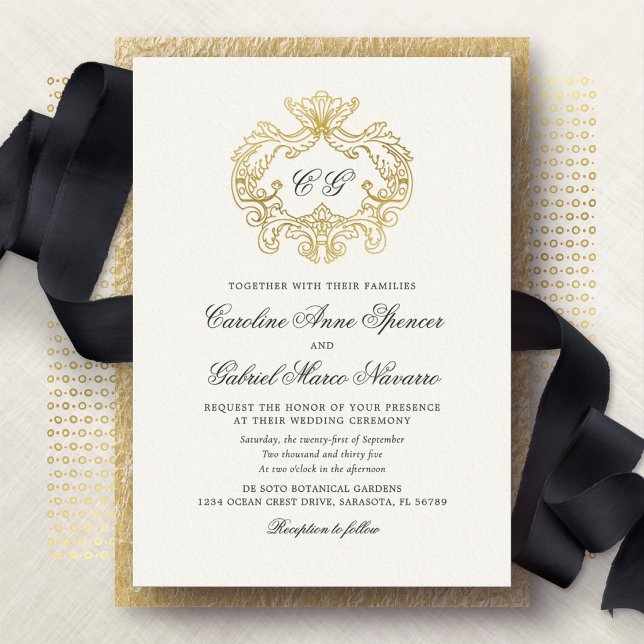Elegant Monogram Baroque Crest Wedding Foil Invitation (Creator Uploaded)