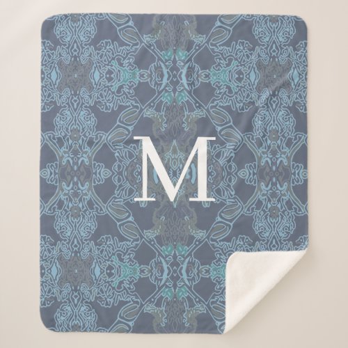 Elegant Monogram Baroque Pattern in Blue Shades Sherpa Blanket