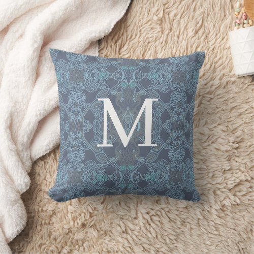Elegant Monogram Baroque Pattern in Blue Shades Throw Pillow