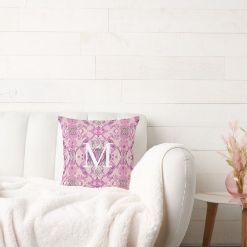 Elegant Monogram Baroque Pattern in Pink Shades Throw Pillow