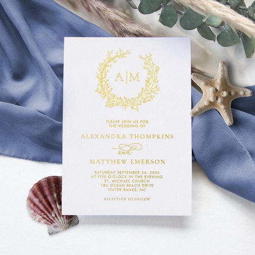Elegant Monogram Beach Wedding Real Gold Foil Invitation