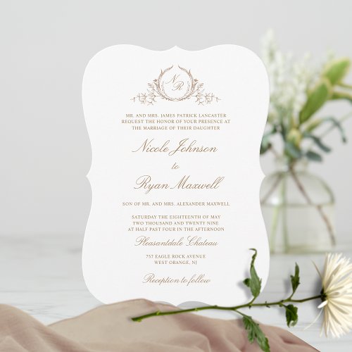 Elegant Monogram Beige Cream Formal Wedding Invitation