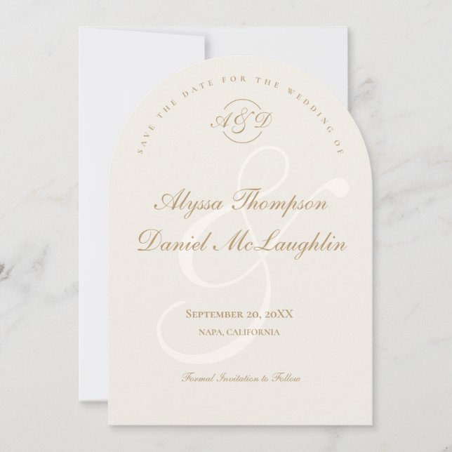Elegant Monogram Beige Formal Script Wedding Arch Save The Date (Front)