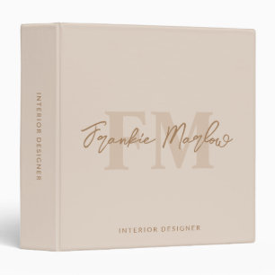 Elegant Monogram Beige Gold Script Name Office 3 Ring Binder