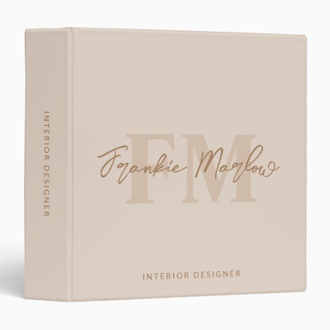Elegant Monogram Beige Gold Script Name Office 3 Ring Binder (Front/Spine)