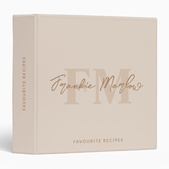 Elegant Monogram Beige Gold Script Name Recipe  3 Ring Binder (Front/Spine)