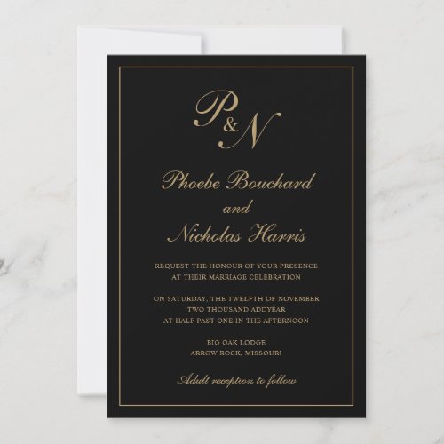 Elegant Monogram Black and Gold All In One Wedding Invitation