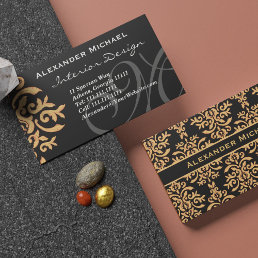 Elegant Monogram Black and Gold Damask Business Ca Business Card
