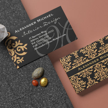 Elegant Monogram Black And Gold Damask Business Ca Business Card by DivineDamask at Zazzle
