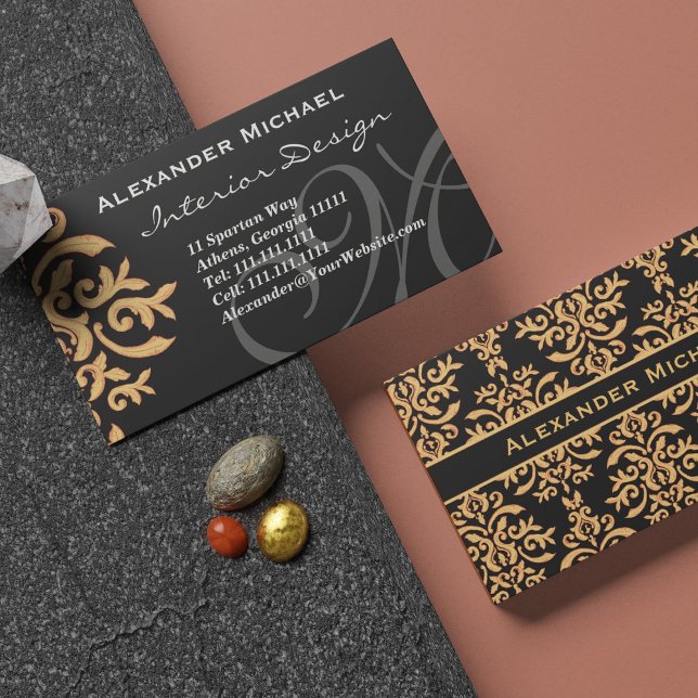 Elegant Monogram Black and Gold Damask Business Ca Card (Creator Uploaded)
