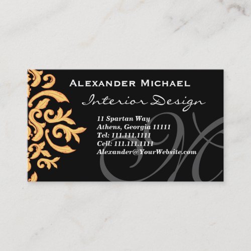 Elegant Monogram Black and Gold Damask Business Card