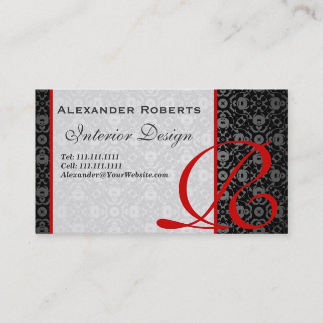 Elegant Monogram Black and Gold Damask Business Card (Front)