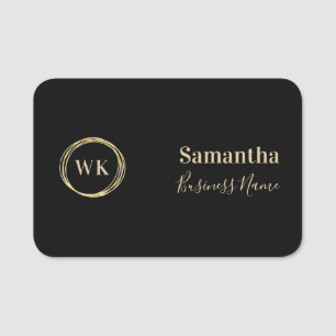 Elegant Monogram Black and Gold Employee Name Tag