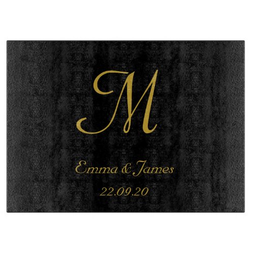 Elegant Monogram Black and Gold Initial Name Date Cutting Board