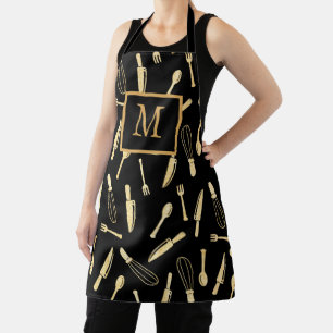 Elegant Monogram Black and Gold Kitchen Utensils Apron